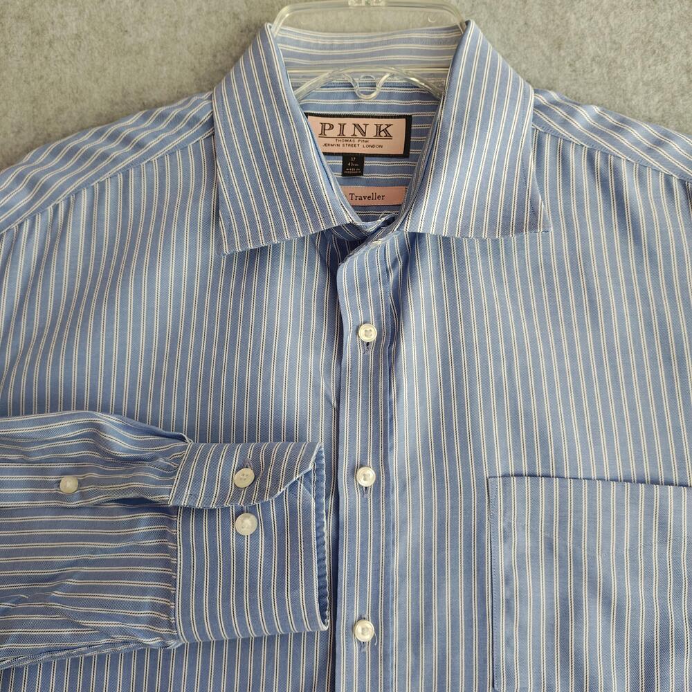 Thomas Pink Dress Shirt Mens 17 Blue Pinstripe Slim Fit Traveller Button Up
